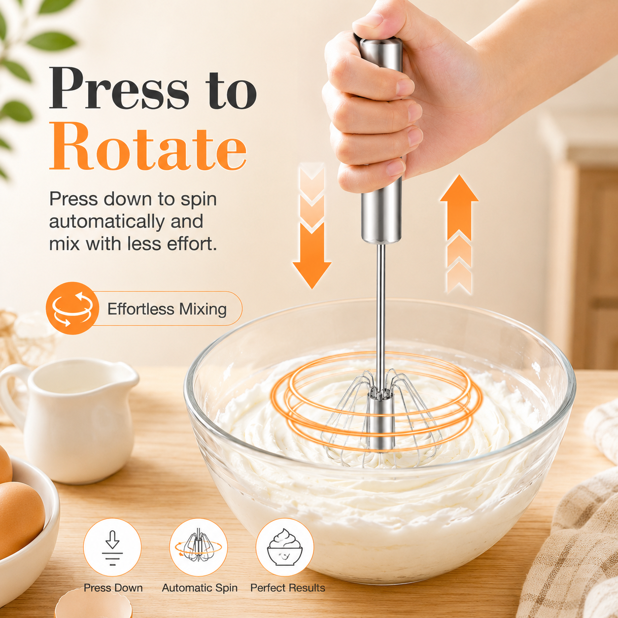 Semi-Automatic Stainless Steel Rotary Egg Whisk – No Battery, No Plug, Just Press & Mix