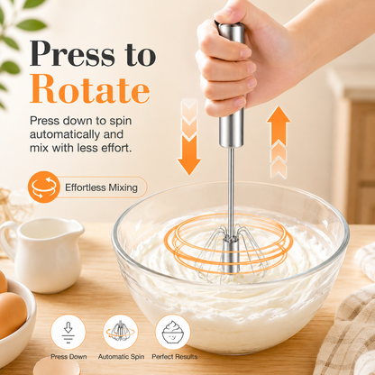 Semi-Automatic Stainless Steel Rotary Egg Whisk – No Battery, No Plug, Just Press & Mix