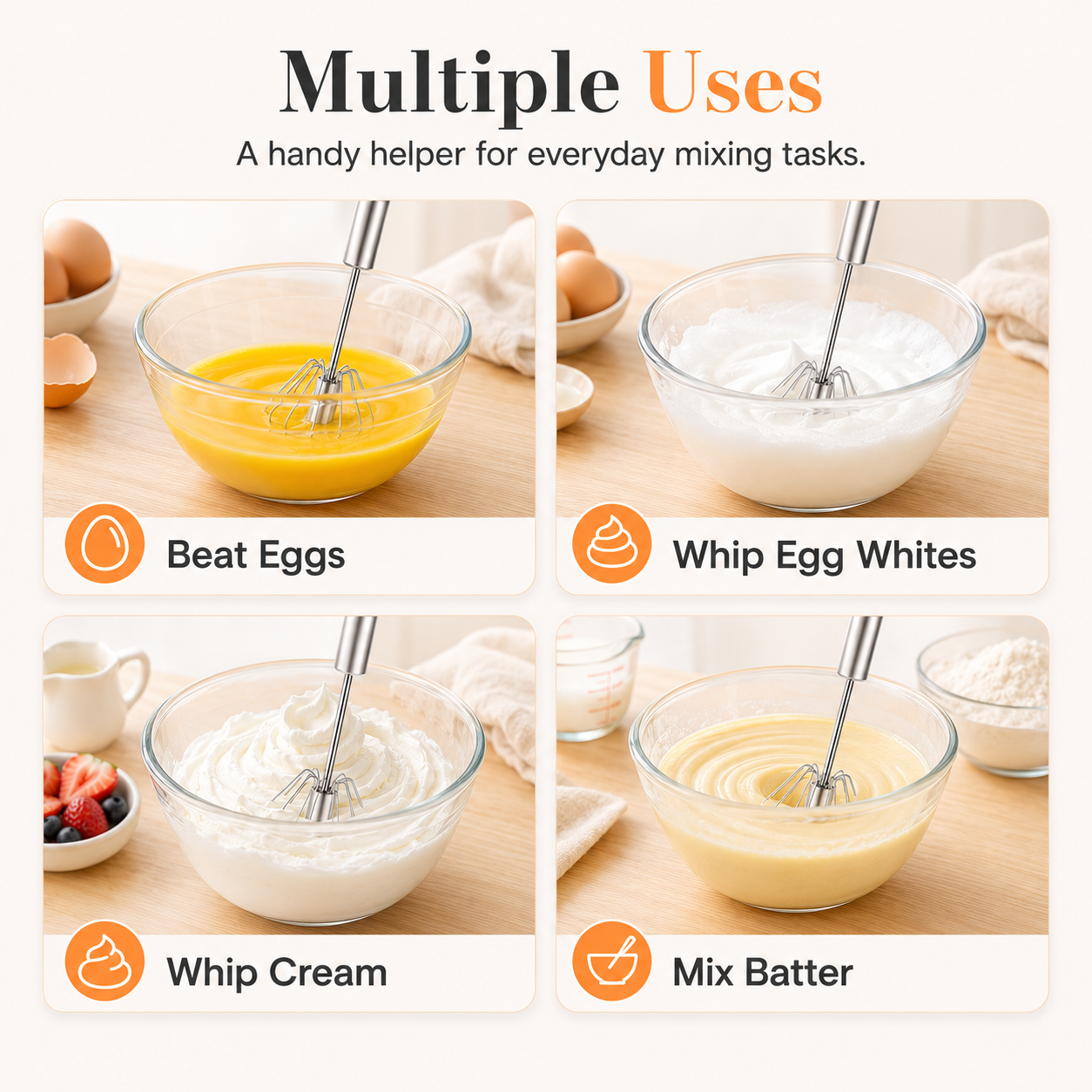 Semi-Automatic Stainless Steel Rotary Egg Whisk – No Battery, No Plug, Just Press & Mix