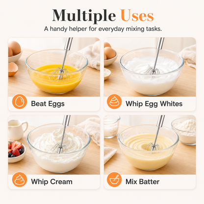 Semi-Automatic Stainless Steel Rotary Egg Whisk – No Battery, No Plug, Just Press & Mix