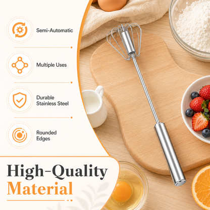 Semi-Automatic Stainless Steel Rotary Egg Whisk – No Battery, No Plug, Just Press & Mix