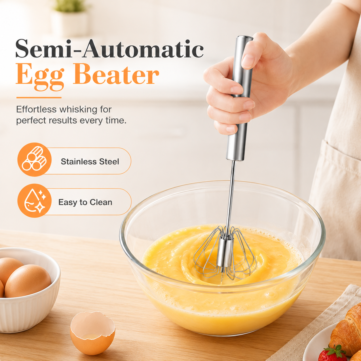 Semi-Automatic Stainless Steel Rotary Egg Whisk – No Battery, No Plug, Just Press & Mix